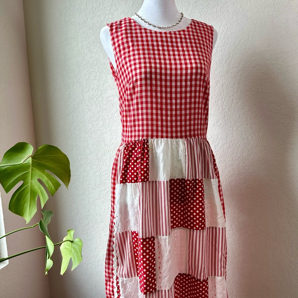 Vintage Red White Gingham Eyelet Sleeveless Maxi Dress Medium